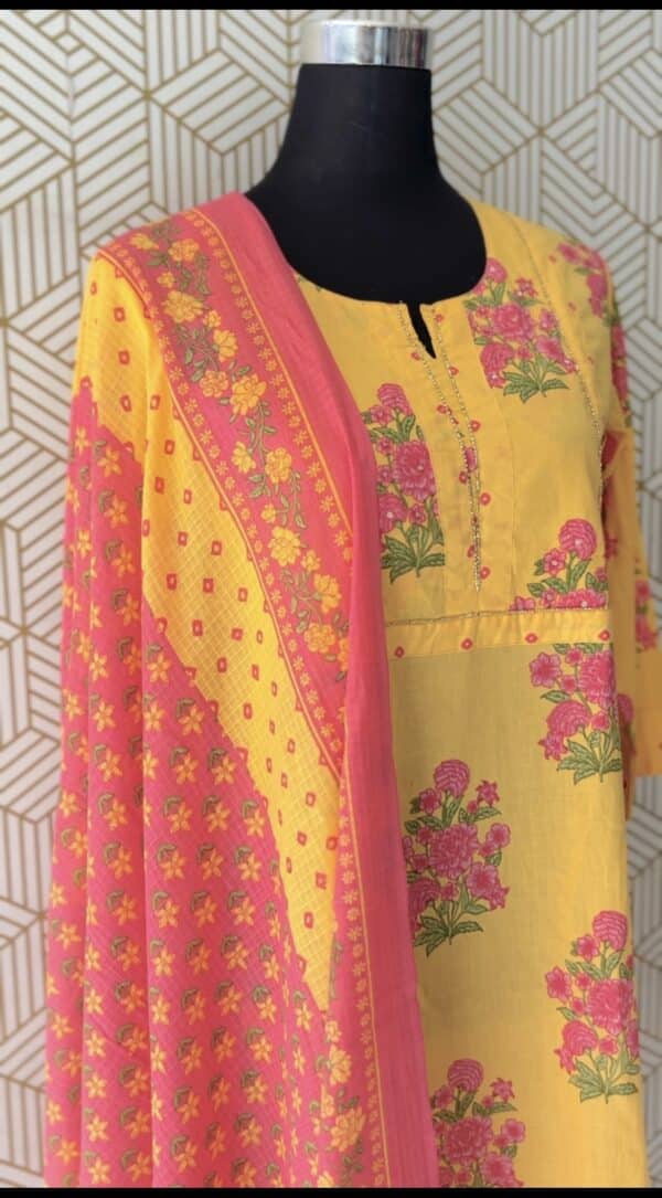 3 Pcs Cotton Side slit kurtis with bottom and Dupatta with elegant works/2181 - Image 4
