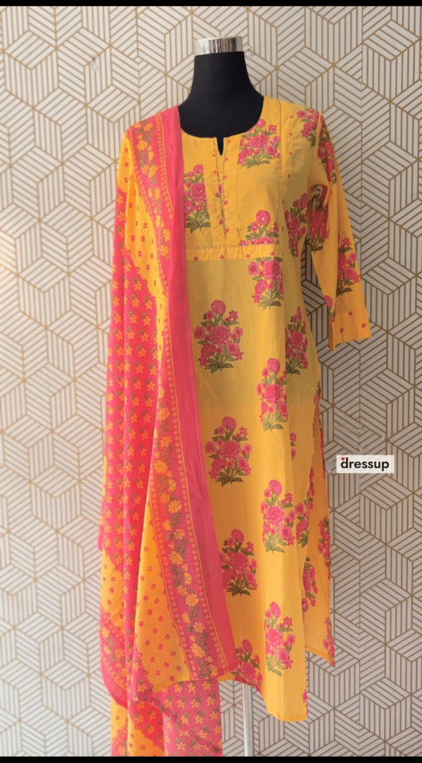 3 Pcs Cotton Side slit kurtis with bottom and Dupatta with elegant works/2181 - Image 3