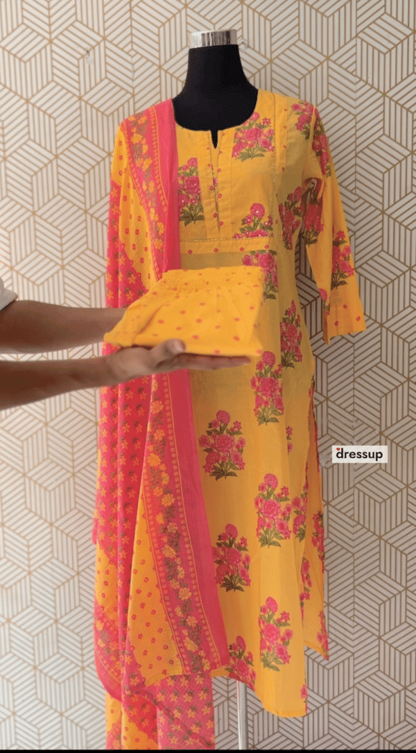 3 Pcs Cotton Side slit kurtis with bottom and Dupatta with elegant works/2181 - Image 2