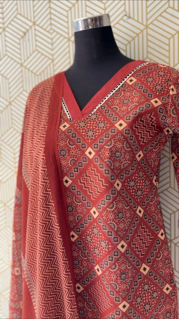 Ajrakh 3 Pcs Cotton Side slit kurtis with bottom and Dupatta/2348 - Image 6