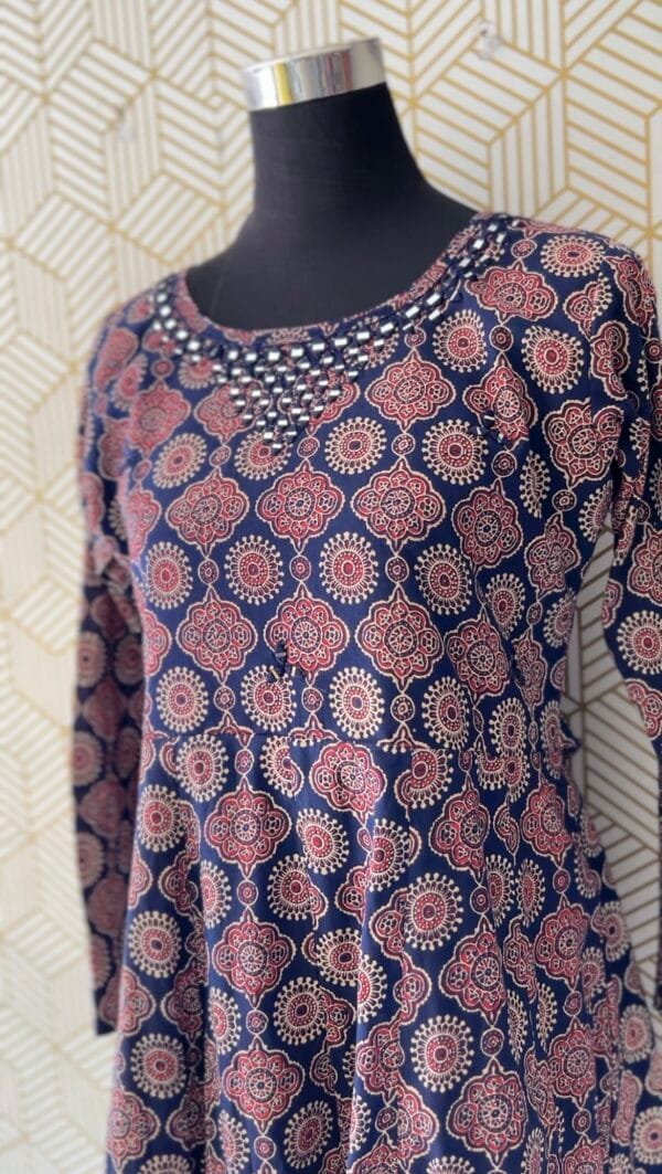 Full sleeve  Cotton Ajrakh Kurtis with elegant mirror works/2335 - Image 4