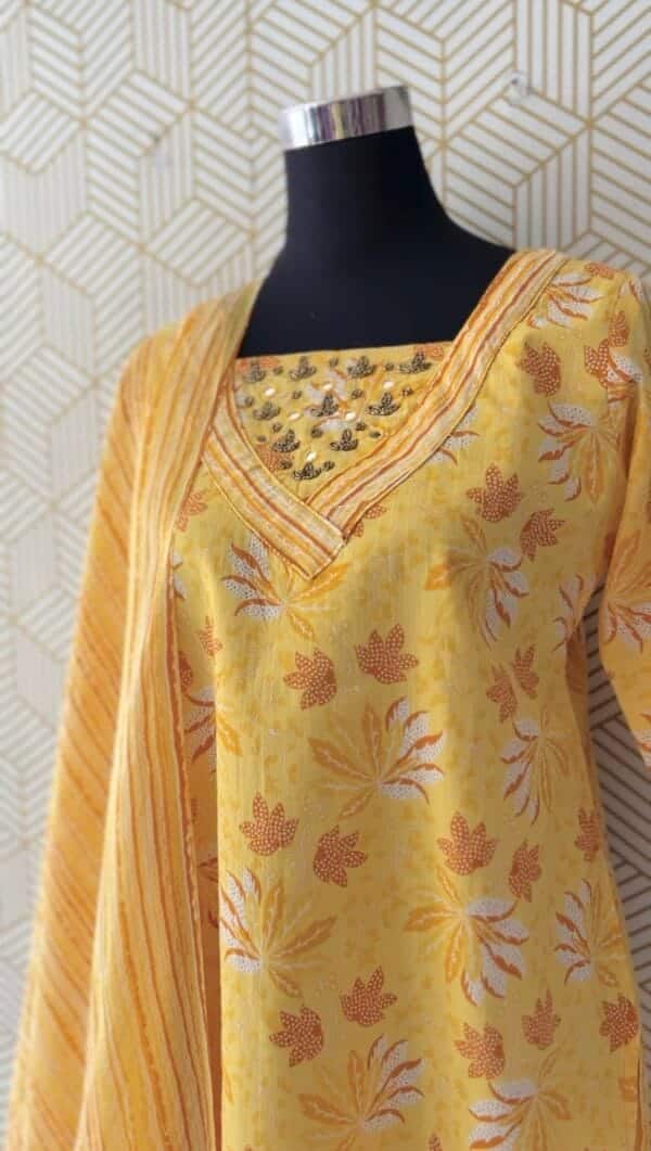 3 Pcs Cotton Side slit kurtis with bottom and Dupatta elegant mirror works/2368 - Image 10