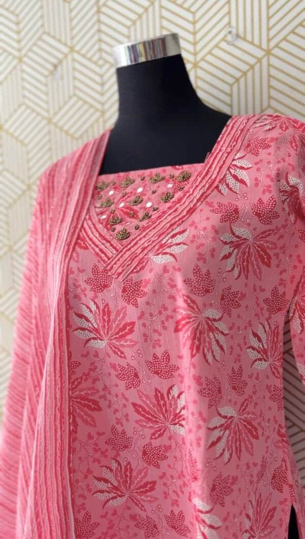 3 Pcs Cotton Side slit kurtis with bottom and Dupatta elegant mirror works/2368 - Image 7