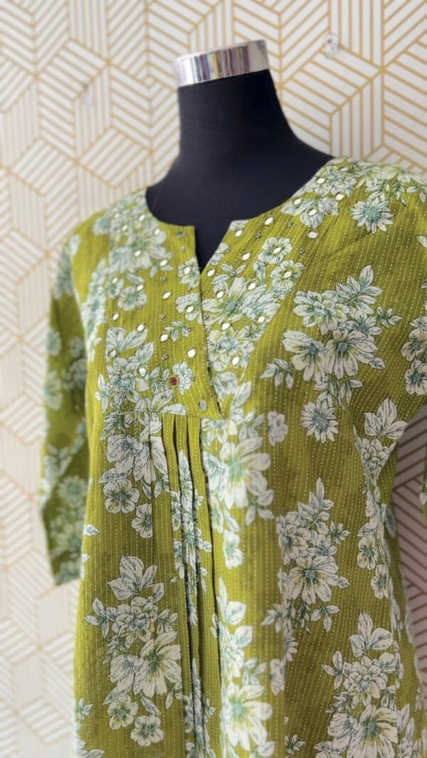 2 Pcs Cotton Floral printed Aline kurtis and bottom with elegant mirror works/2371