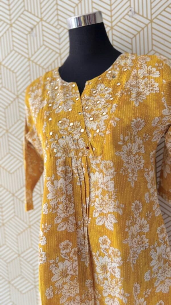 2 Pcs Cotton Floral printed Aline kurtis and bottom with elegant mirror works/2371 - Image 2