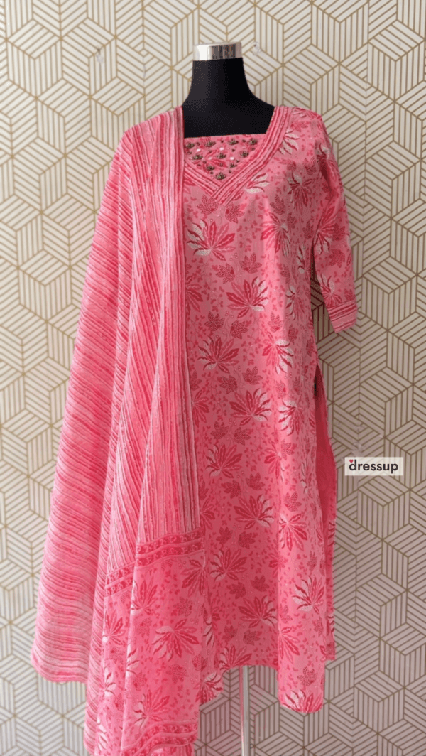 3 Pcs Cotton Side slit kurtis with bottom and Dupatta elegant mirror works/2368 - Image 3