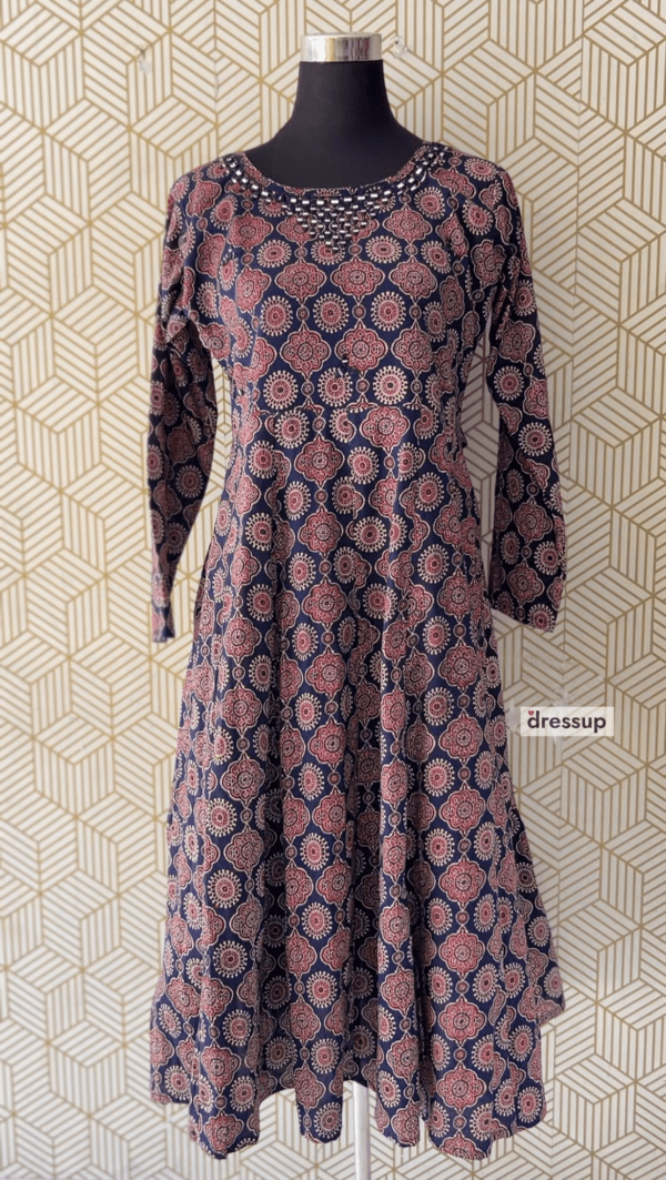 Full sleeve  Cotton Ajrakh Kurtis with elegant mirror works/2335 - Image 8