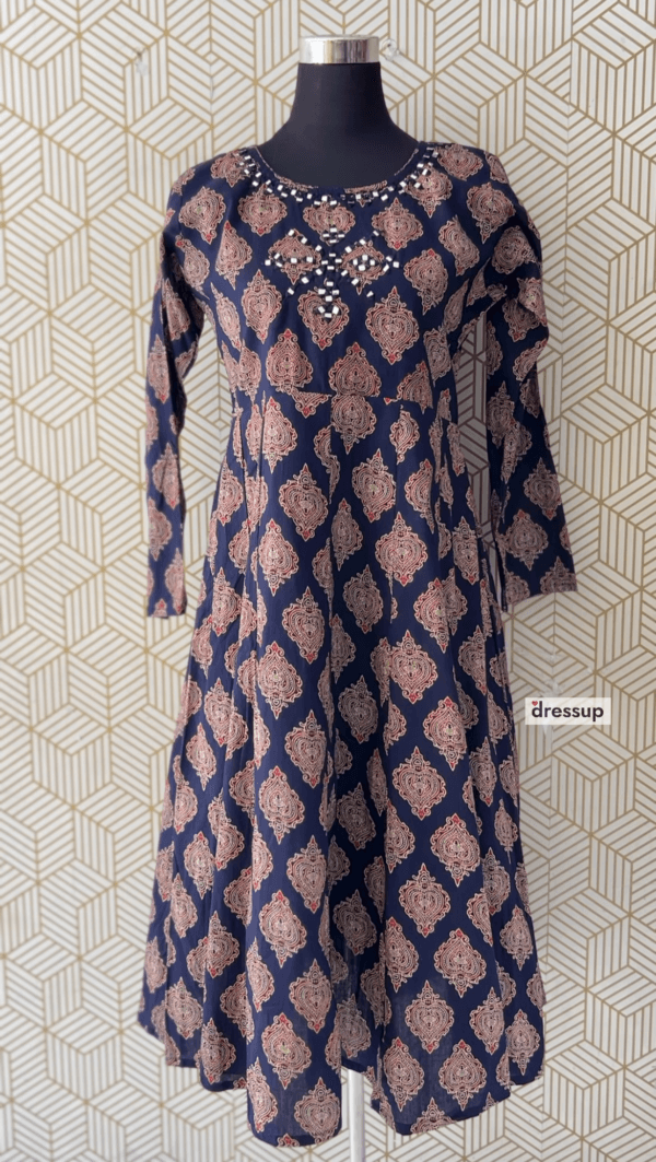 Full sleeve  Cotton Ajrakh Kurtis with elegant mirror works/2335 - Image 6