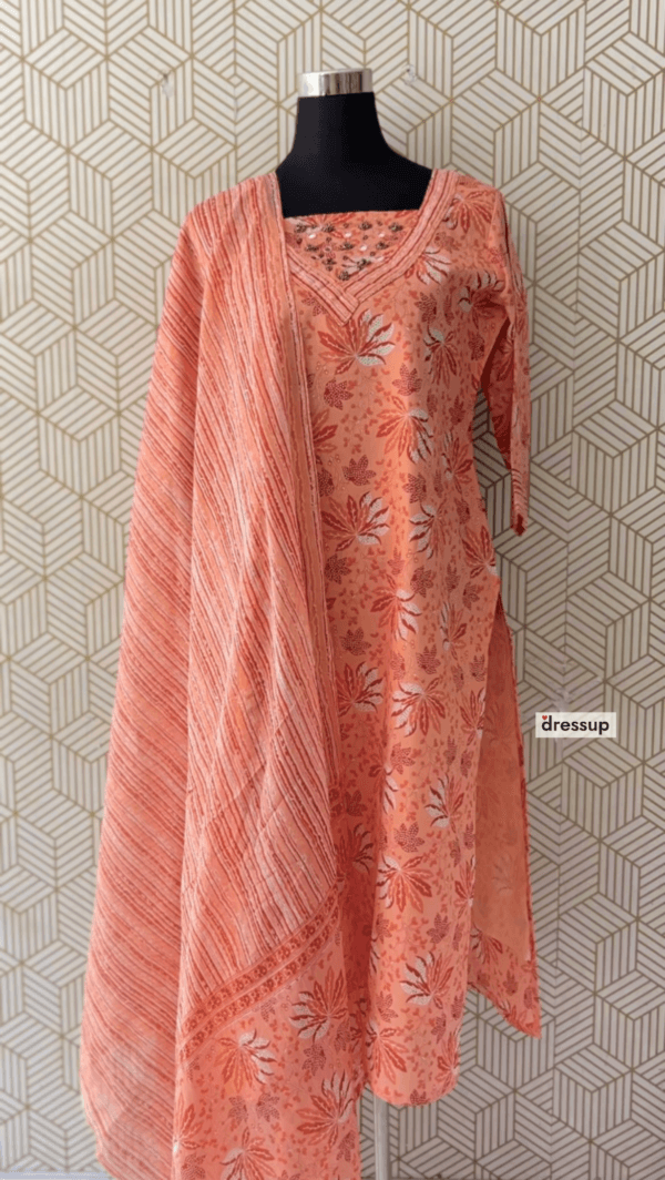 3 Pcs Cotton Side slit kurtis with bottom and Dupatta elegant mirror works/2368 - Image 5