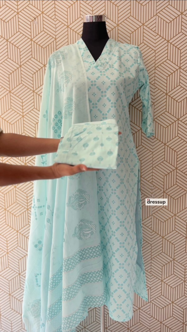 3 Pcs Cotton Side slit kurtis with bottom and Dupatta/2343