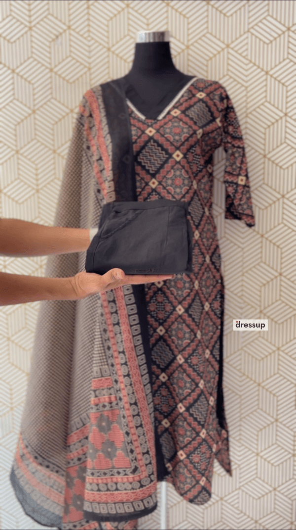 Ajrakh 3 Pcs Cotton Side slit kurtis with bottom and Dupatta/2348 - Image 3