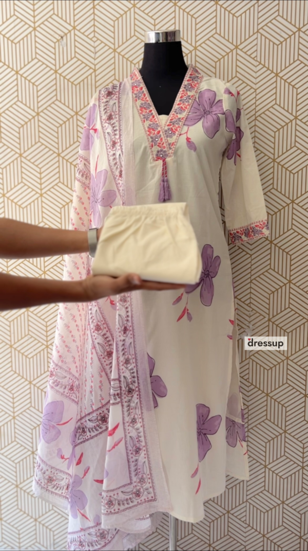 3 Pcs Cotton Side slit kurtis with bottom and Dupatta/2365 - Image 3