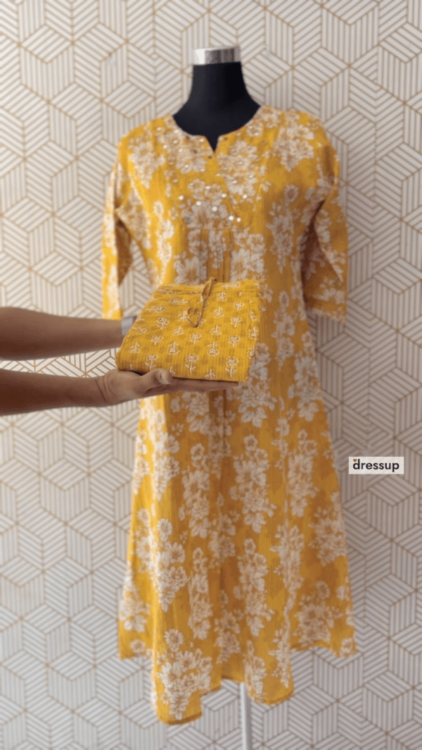 2 Pcs Cotton Floral printed Aline kurtis and bottom with elegant mirror works/2371 - Image 3