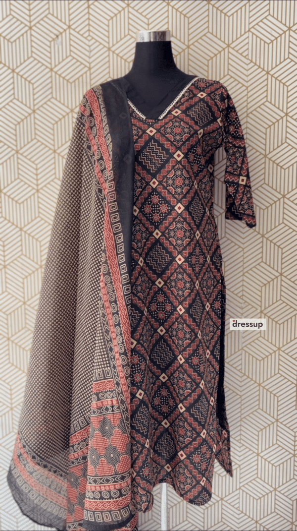 Ajrakh 3 Pcs Cotton Side slit kurtis with bottom and Dupatta/2348 - Image 5