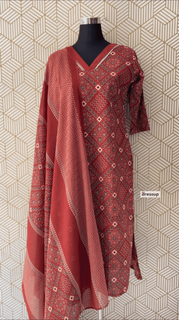 Ajrakh 3 Pcs Cotton Side slit kurtis with bottom and Dupatta/2348 - Image 2