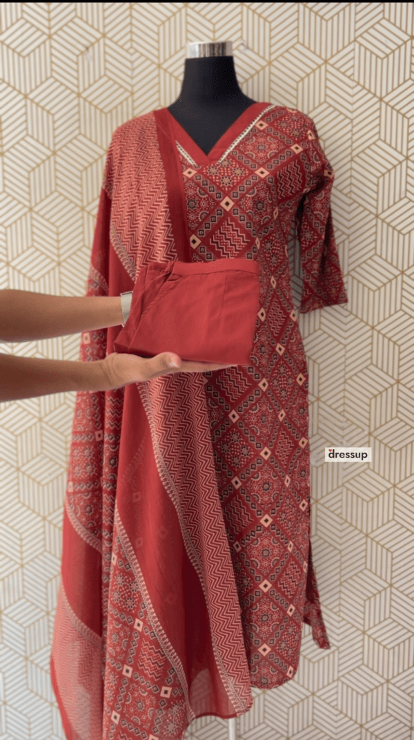 Ajrakh 3 Pcs Cotton Side slit kurtis with bottom and Dupatta/2348