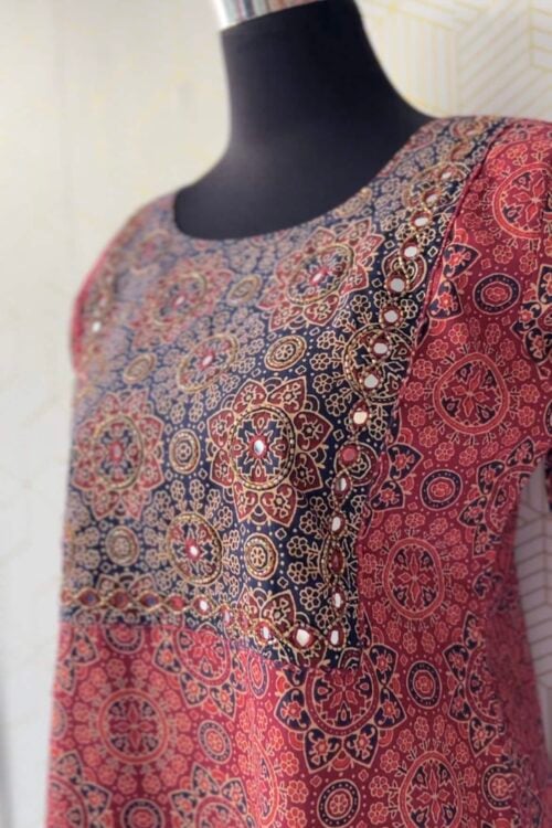Ajrakh printed cotton side slitted Kurtis with mirror works/2712