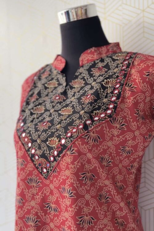 Ajrakh printed cotton side slitted Kurtis with mirror works/2710