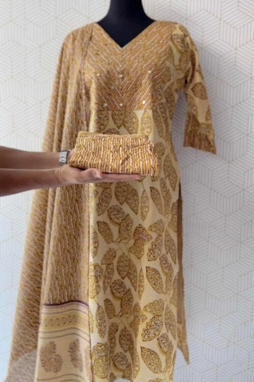 3 Pcs Cotton side slitted kurtis with bottom and Dupatta/2926