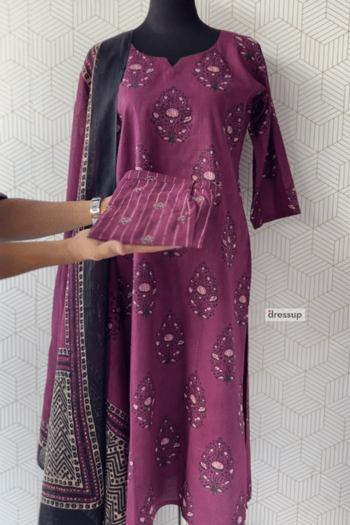 3 Pcs Cotton side slitted kurtis with bottom and Dupatta/2921