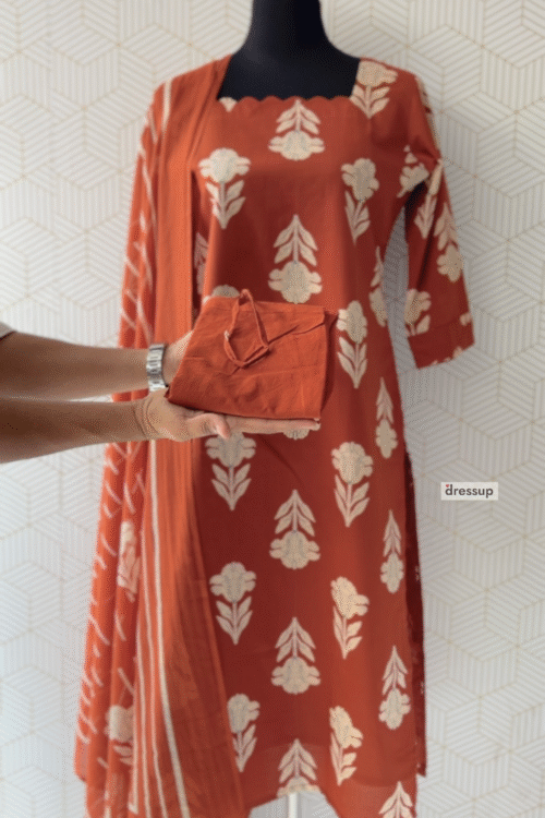 3 Pcs Cotton side slitted kurtis with bottom and Dupatta/2927