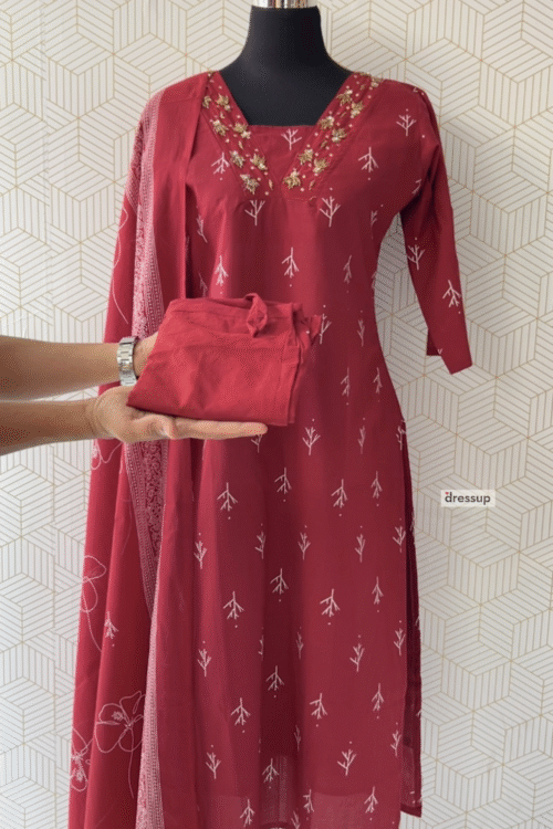 3 Pcs Cotton side slitted kurtis with bottom and Dupatta/2929