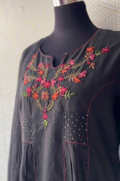 3 Pcs Cotton kurtis with bottom and Dupatta set with floral thread works/3001