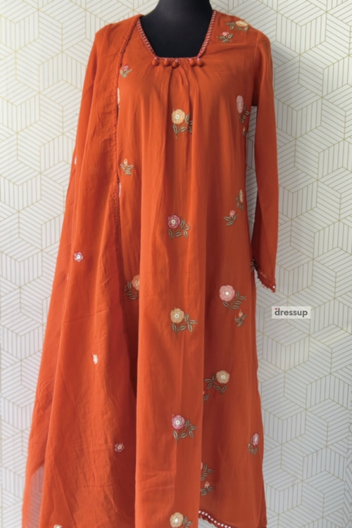 Premium Mul Cotton Floral Embroidered Aline Set/3071