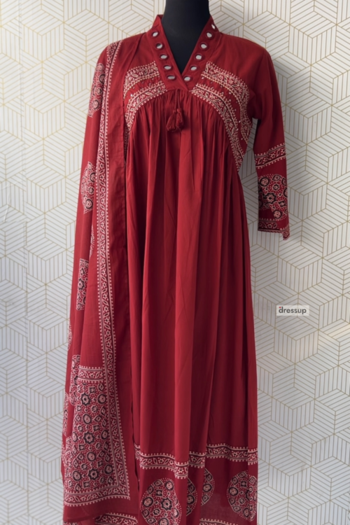 3 Piece Premium Ajrakh Print Cotton Anarkali Set with Mirror Work/3070