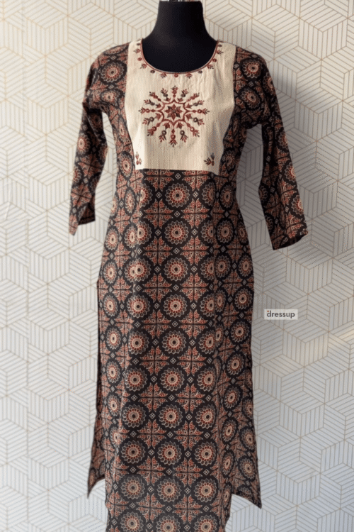 Premium Ajrakh Print Cotton Kurti with Embroidery Patch/3036