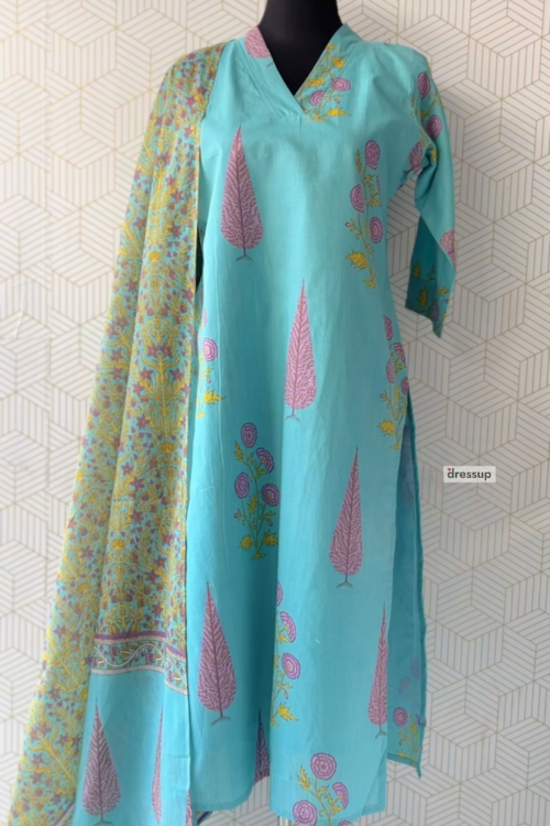 3 Pcs Cotton Side slitted kurtis with bottom and Dupatta/3089