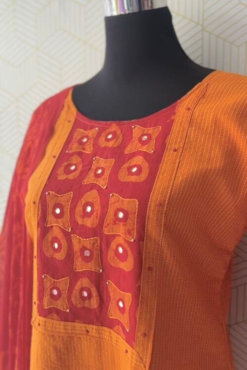 Premium Mustard Yellow Kantha Cotton 3-Piece Set with Batik Print & Intricate Mirror Work/3109