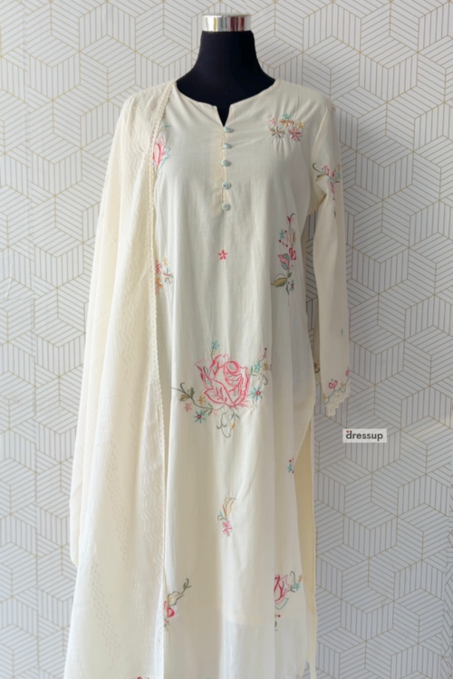 Premium 3 Pcs Silly Cotton Floral Embroidered Side slitted Set/3060