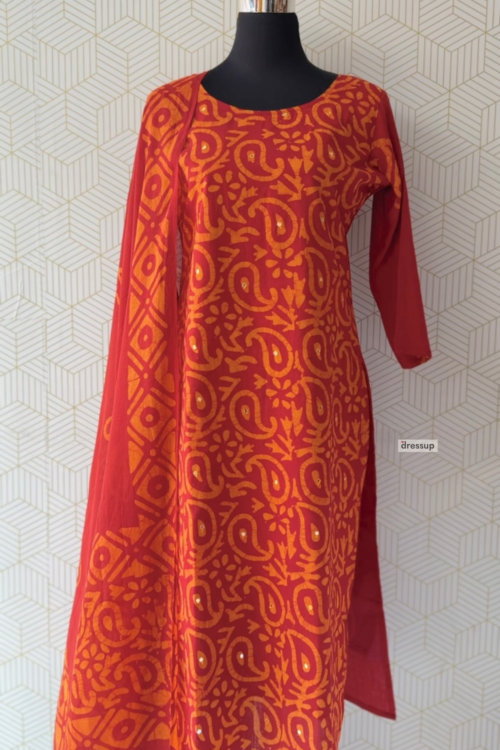 3-Piece Premium Batik Print Cotton Set with Intricate Mirror Work/3110
