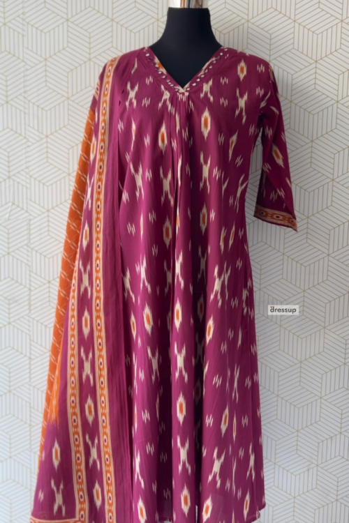 Premium Ikat Print Cotton 3-Piece Set with Mirror Work (with Pocket & Half Lining)/3095