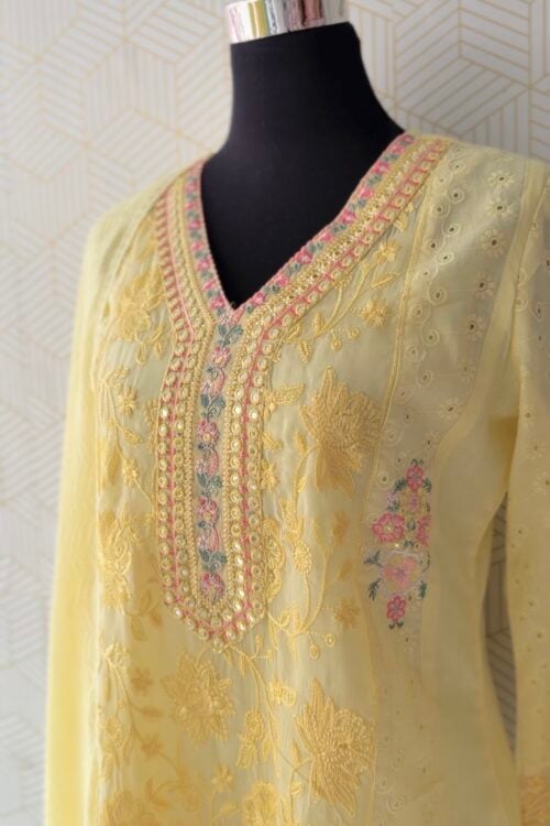Premium 3 Pcs Elegant Yellow Schiffli & Silly Cotton Set with bottom and Dupatta/3205
