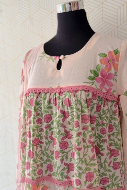 3 Piece Peach Floral Tiered Kurta Set with bottom and dupatta/3207