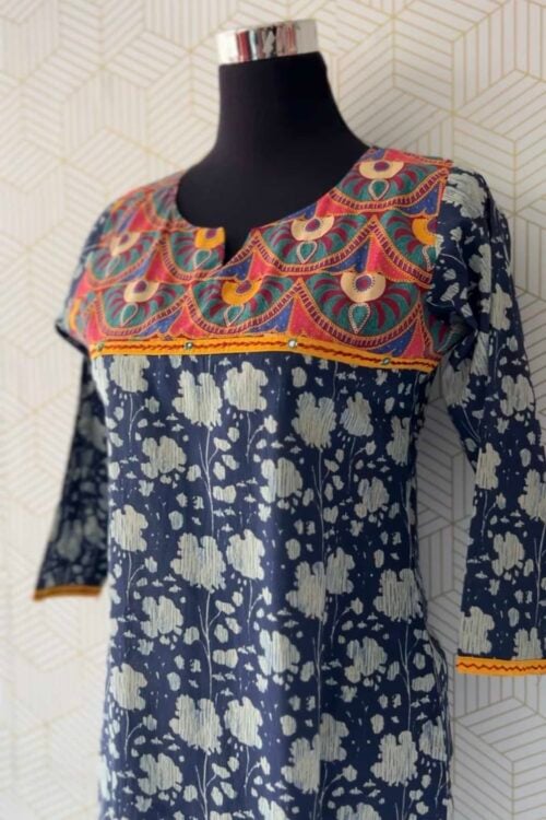 Floral Printed Cotton Kurti with Traditional Kalamkari Yoke/2912