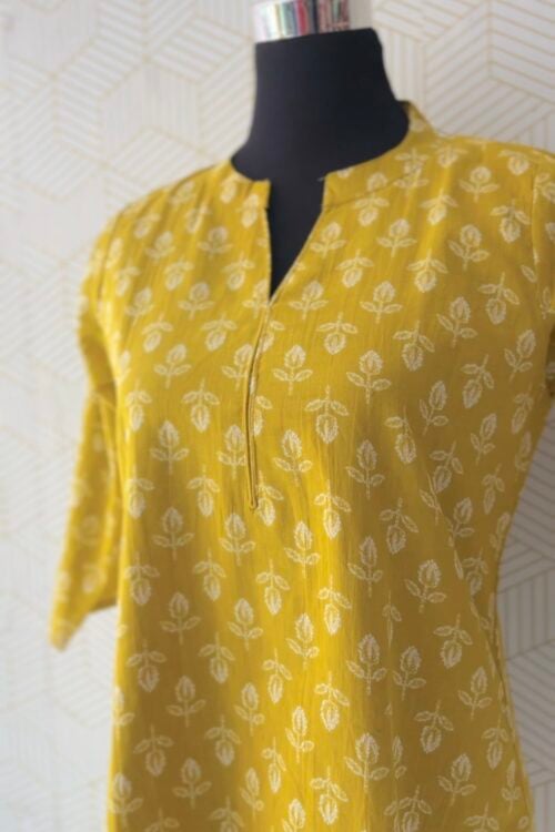 Mustard Yellow Printed Cotton Kurta/3232