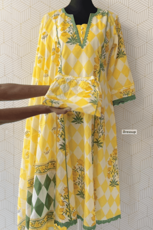 3 Piece Yellow & White Checkered Floral Kurti Set/3208