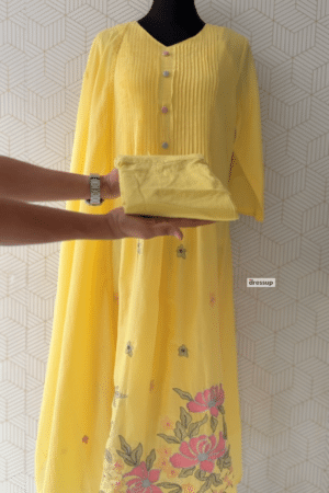 3 Pcs Mul Cotton Aline kurtis with bottom and Dupatta/3199 - Yellow, 3XL/46