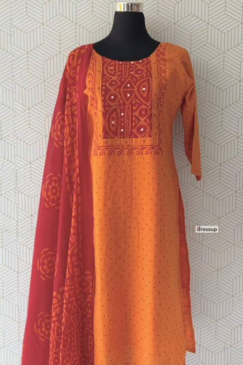 Premium Mustard Yellow Kantha Cotton 3-Piece Set with Batik Print & Intricate Mirror Work/3109