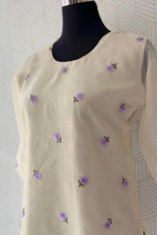 Net Cotta fabric side slitted tops with floral thread works/3248