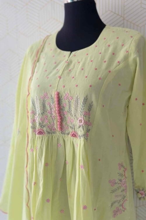 3 Pcs Cotton kurtis with bottom and Dupatta set with floral thread works/2668