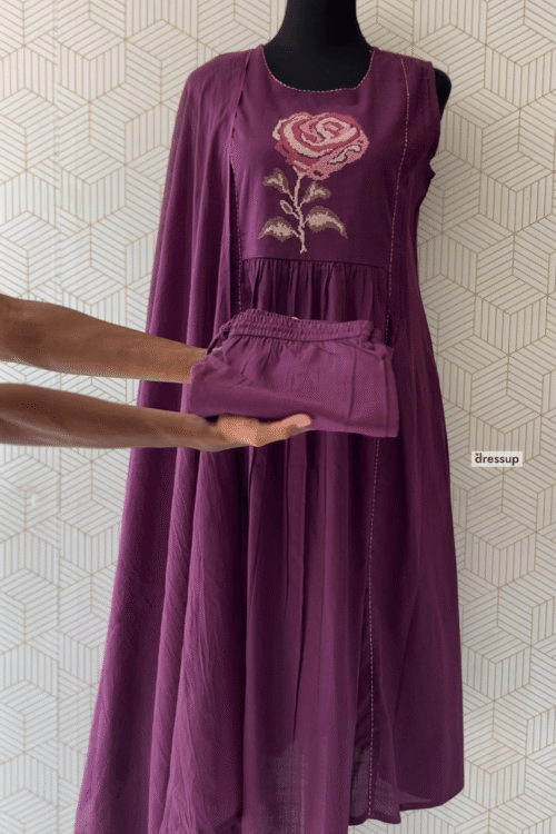 Elegant Rose Cross-Stitch Embroidery Cotton Kurta Set with Attached Sleeves/3215