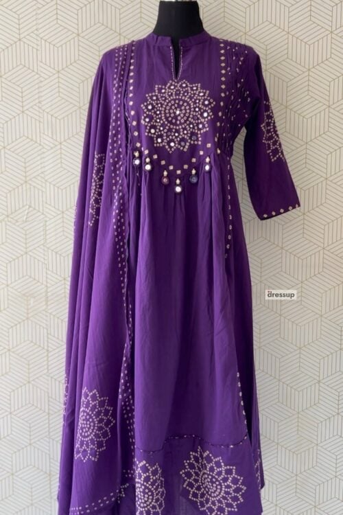 3 Piece Premium Bandhani Printed Cotton Anarkali Set with Bottom and Dupatta/3568
