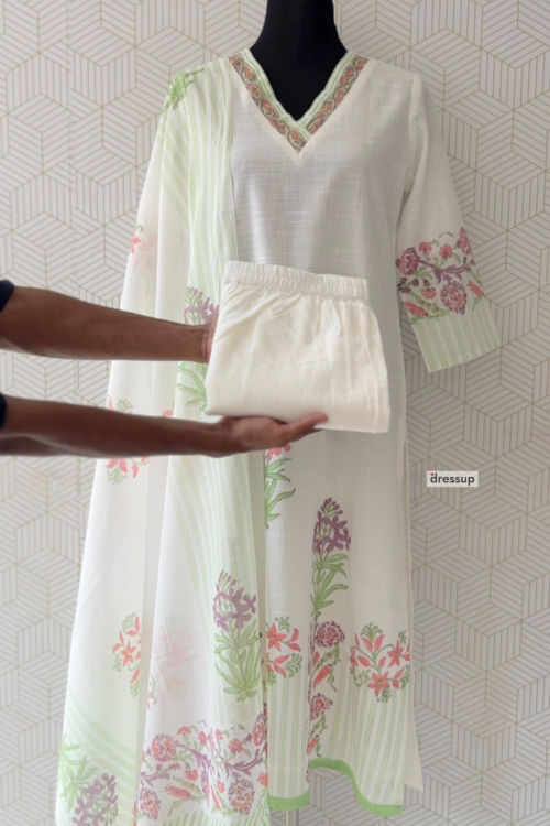 3 piece Elegant Off-White Floral Cotton Kurta Set with bottom and dupatta/3513