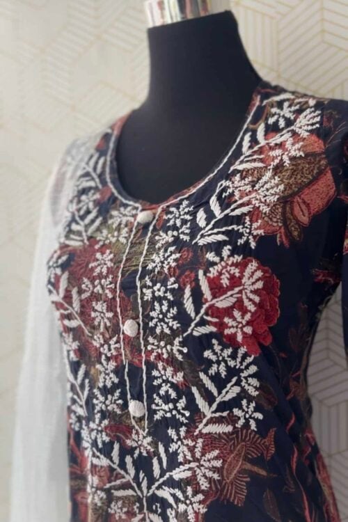 3 Pcs Floral Embroidered Cotton side slitted kurtis with bottom and Dupatta/3522