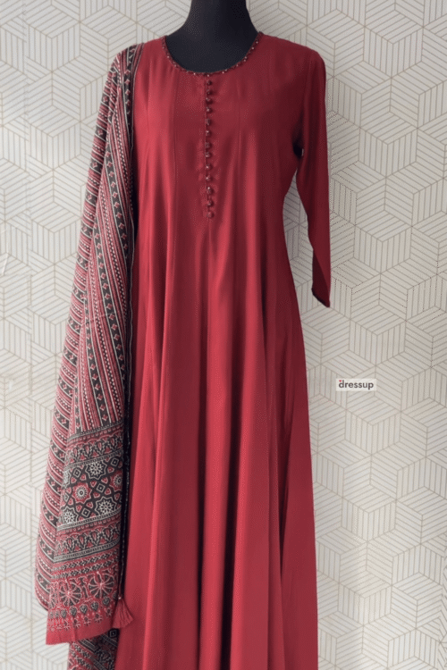 3 piece Pleated Kurti Set with Ajrakh Print Dupatta/2932