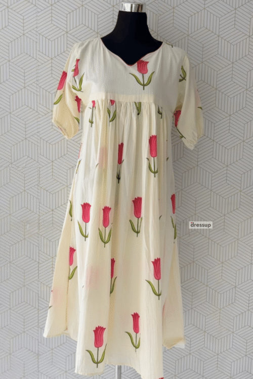 Charming Tulip Print Cotton Gathering Dress/3605